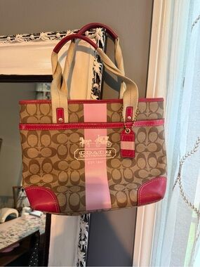 Coach Signature Stripe Canvas Tote in Tan and Pink